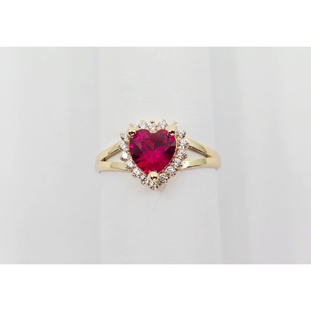 14K Solid Yellow Gold Designer Heart Shaped Synthetic Ruby & CZ Ring - Size 6.50 - Picture 4 of 14